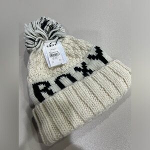 Roxy Women's Tonic Beanie Hat Egret White Pom Fleece Lined Band NWT